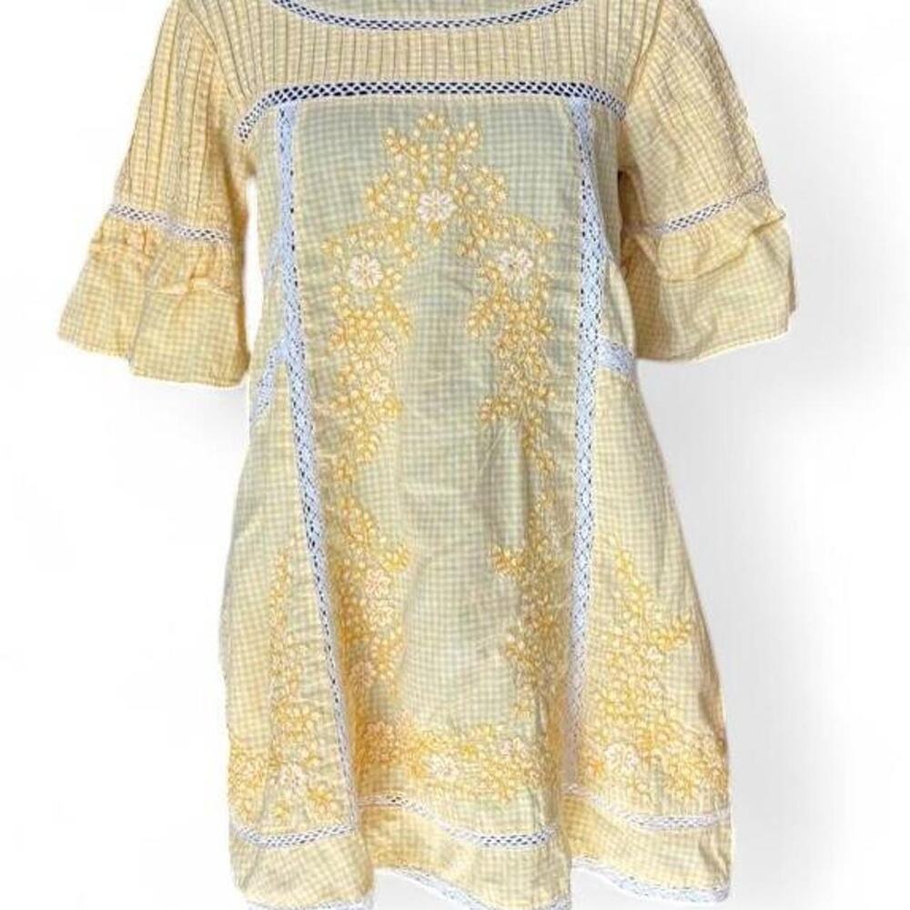 Babydoll Yellow Gingham Tunic Top – Cottagecore Embroidered Blouse XS